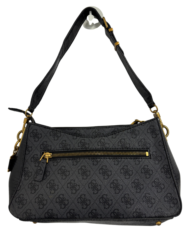 GUESS Black Monogram Gold Padlock Baguette Shoulder Bag