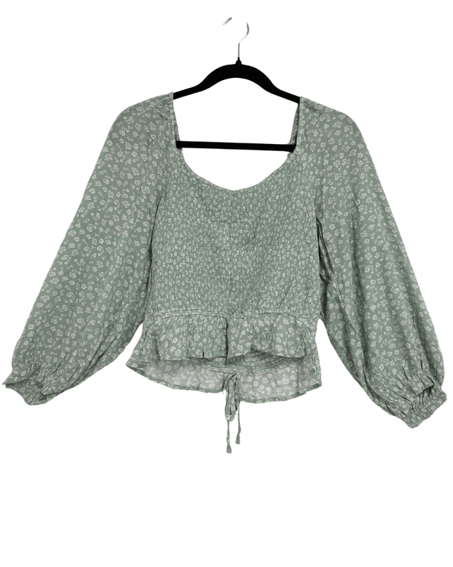 Hollister Smocked Sage Green Floral Peplum Tie-Front Blouse