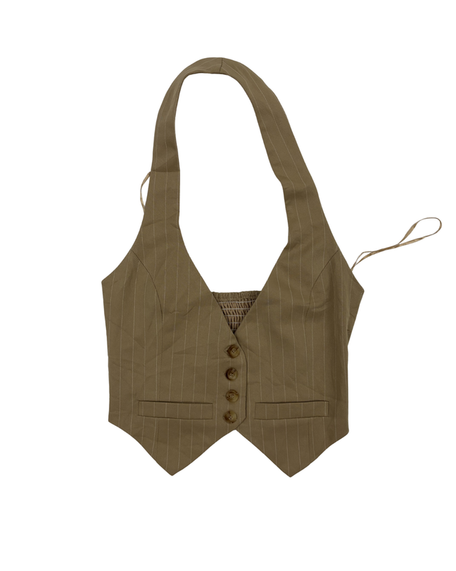 Brown Pinstripe Chic Halter Vest Top - XXS