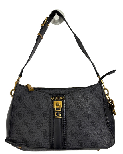 GUESS Black Monogram Gold Padlock Baguette Shoulder Bag