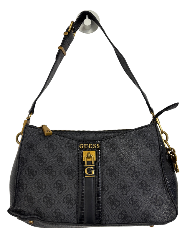GUESS Black Monogram Gold Padlock Baguette Shoulder Bag