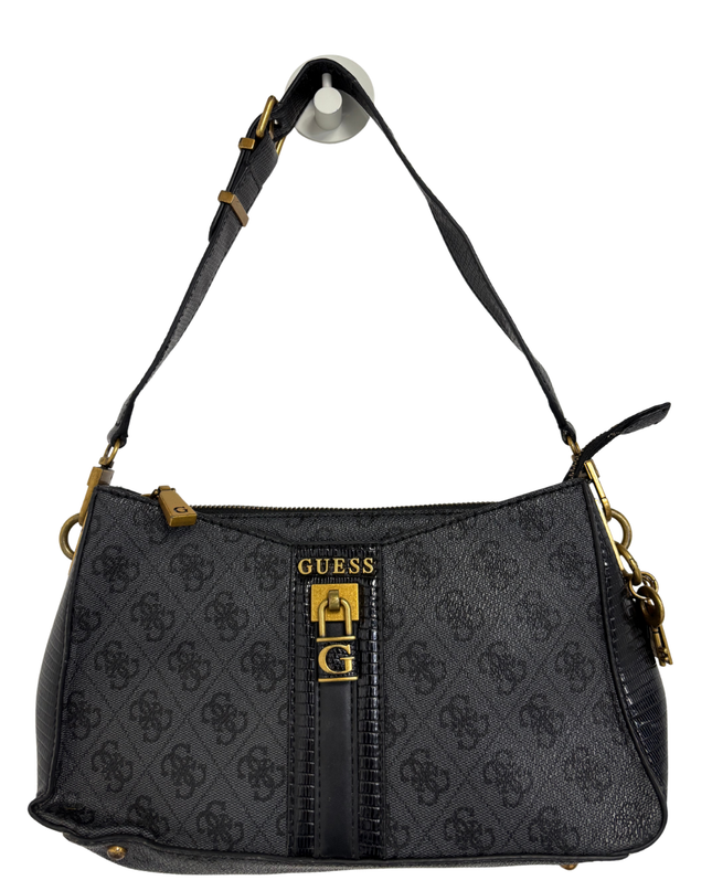 GUESS Black Monogram Gold Padlock Baguette Shoulder Bag