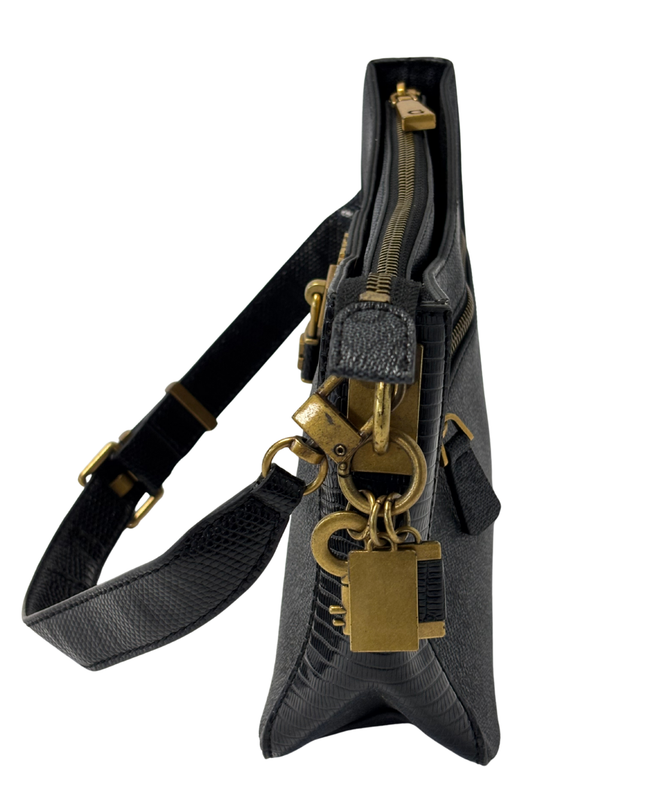 GUESS Black Monogram Gold Padlock Baguette Shoulder Bag