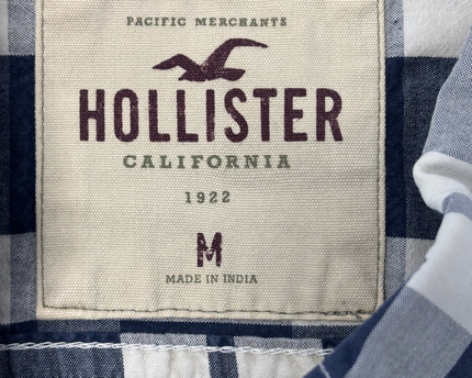 Hollister Navy Blue & White Plaid Long Sleeve Button-Down Shirt