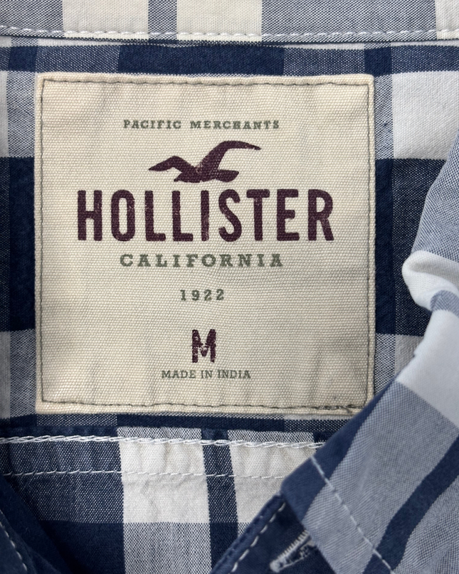 Hollister Navy Blue & White Plaid Long Sleeve Button-Down Shirt