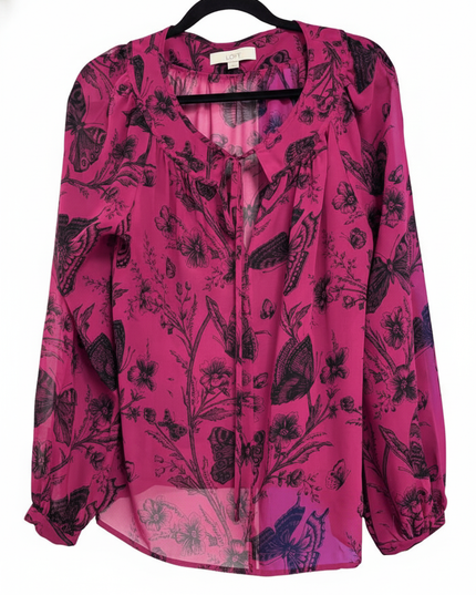 Loft Pink Butterfly Floral Print Tie-Neck Long Sleeve Blouse