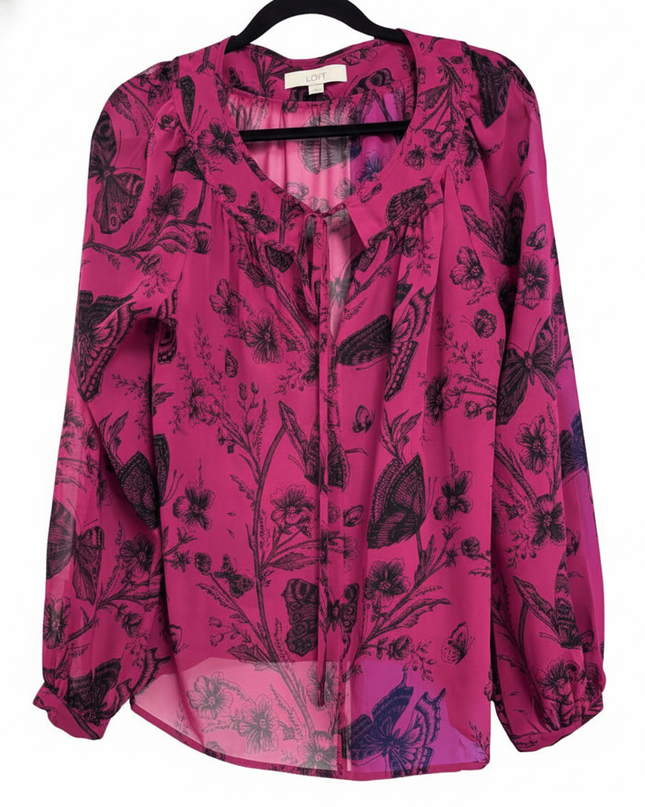 Loft Pink Butterfly Floral Print Tie-Neck Long Sleeve Blouse