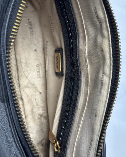 GUESS Black Monogram Gold Padlock Baguette Shoulder Bag