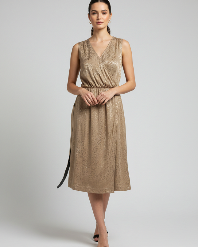 Mohito Gold Sleeveless Metallic Animal Print Wrap Dress