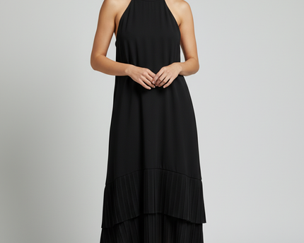 Splash Black Tiered Pleated Hem Halter Dress