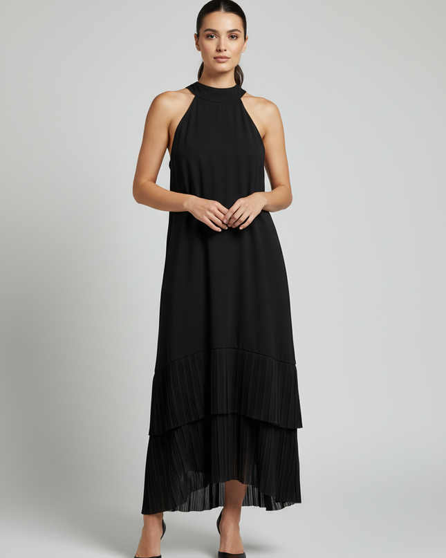 Splash Black Tiered Pleated Hem Halter Dress