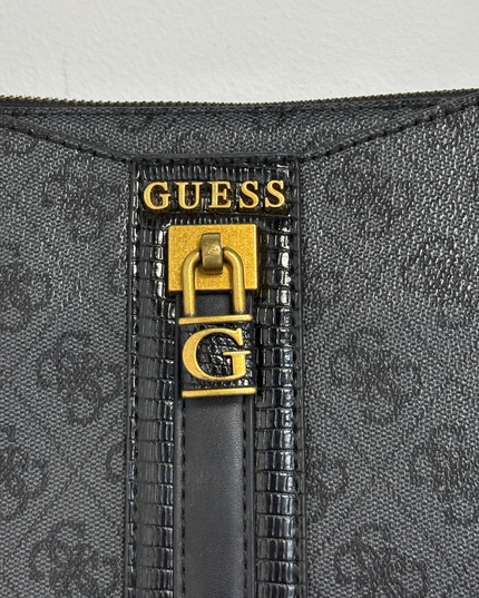 GUESS Black Monogram Gold Padlock Baguette Shoulder Bag