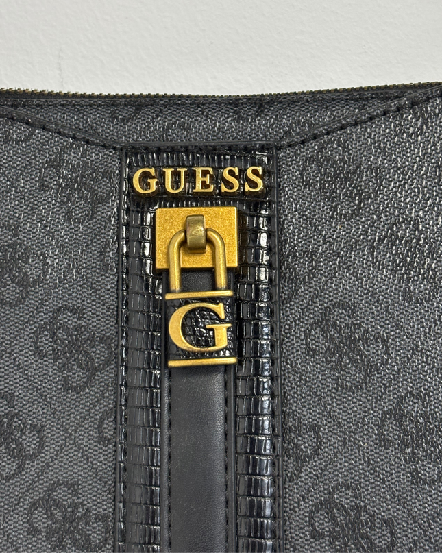 GUESS Black Monogram Gold Padlock Baguette Shoulder Bag