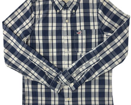 Hollister Navy Blue & White Plaid Long Sleeve Button-Down Shirt