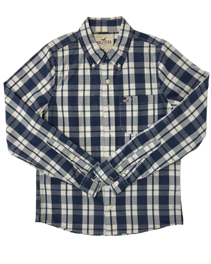 Hollister Navy Blue & White Plaid Long Sleeve Button-Down Shirt