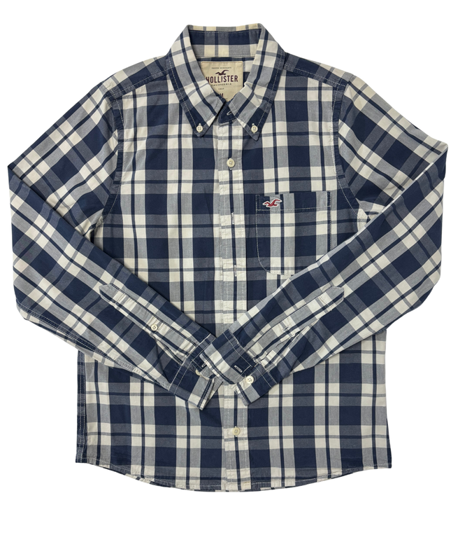 Hollister Navy Blue & White Plaid Long Sleeve Button-Down Shirt