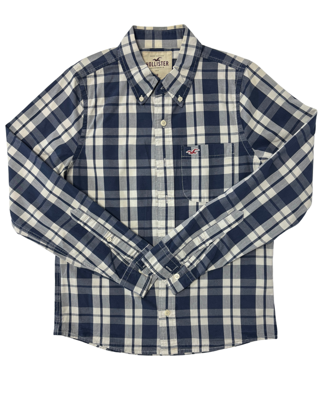 Hollister Navy Blue & White Plaid Long Sleeve Button-Down Shirt