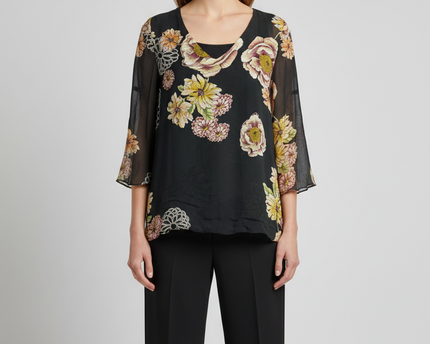 M&G Black Floral Silk Blend V-Neck Blouse