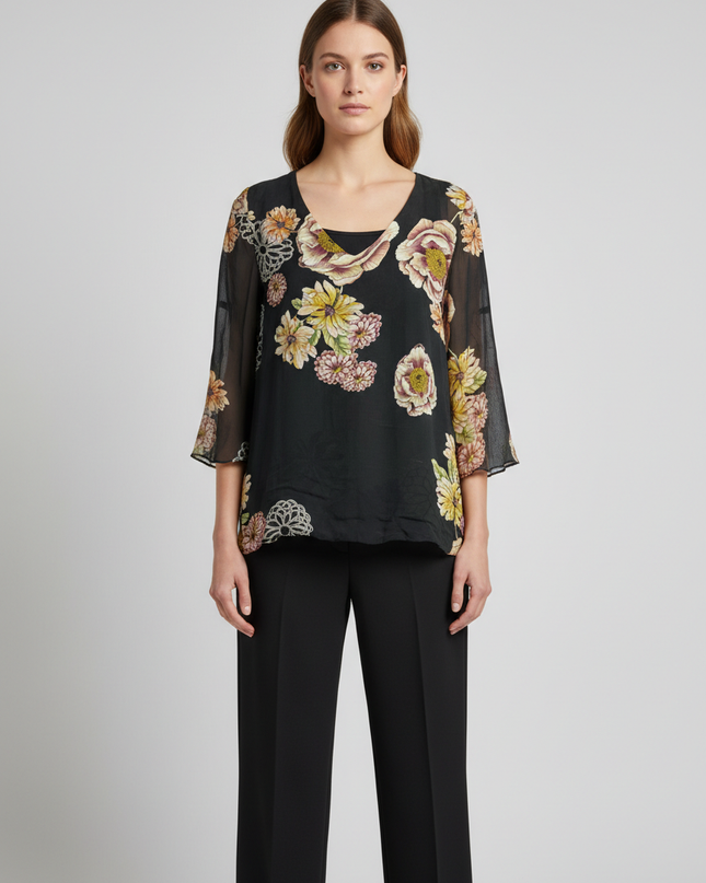 M&G Black Floral Silk Blend V-Neck Blouse