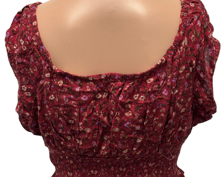 American Eagle Maroon Floral Smocked Ruffle Crop Top