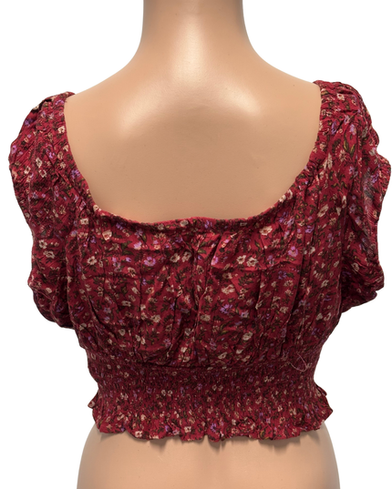 American Eagle Maroon Floral Smocked Ruffle Crop Top