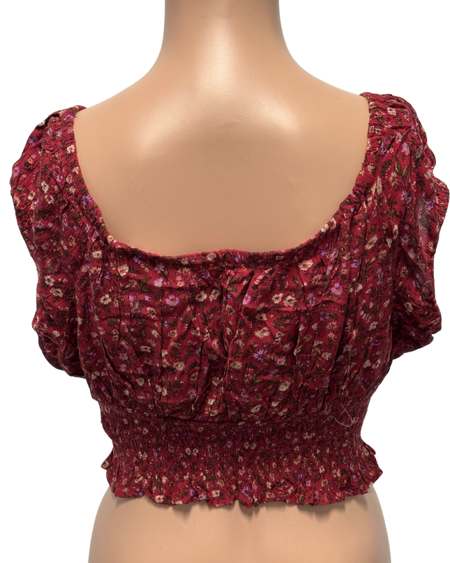 American Eagle Maroon Floral Smocked Ruffle Crop Top