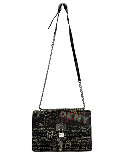 DKNY Limited Edition Black Graffiti Print with Padlock & Chain Crossbody Bag