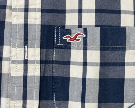 Hollister Navy Blue & White Plaid Long Sleeve Button-Down Shirt