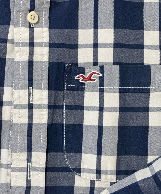Hollister Navy Blue & White Plaid Long Sleeve Button-Down Shirt