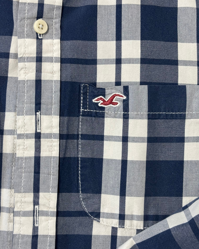 Hollister Navy Blue & White Plaid Long Sleeve Button-Down Shirt