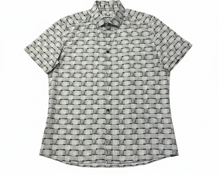 Reiss Black and White Grid Short Sleeve Slim Fit Button-Down Shirt