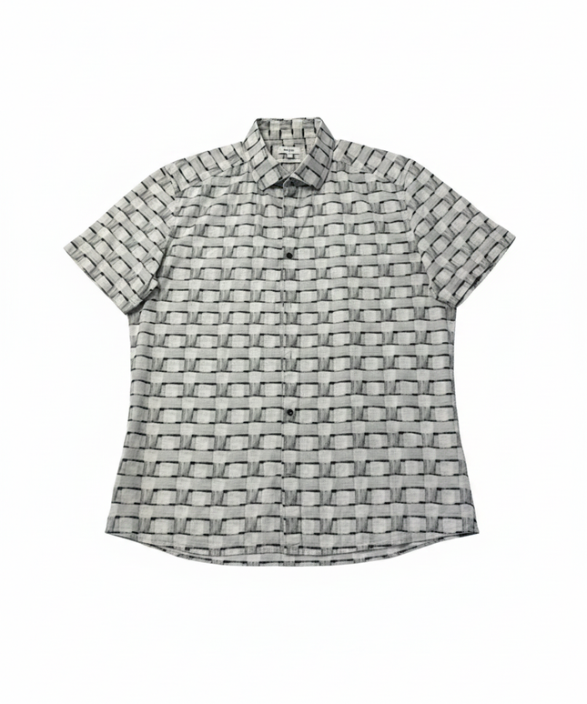 Reiss Black and White Grid Short Sleeve Slim Fit Button-Down Shirt