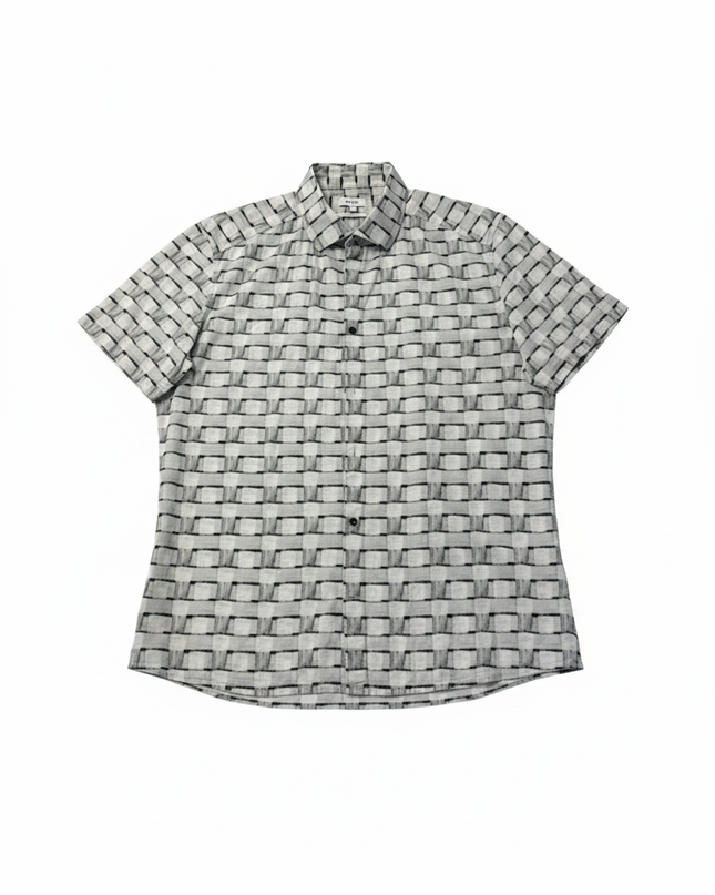 Reiss Black and White Grid Short Sleeve Slim Fit Button-Down Shirt