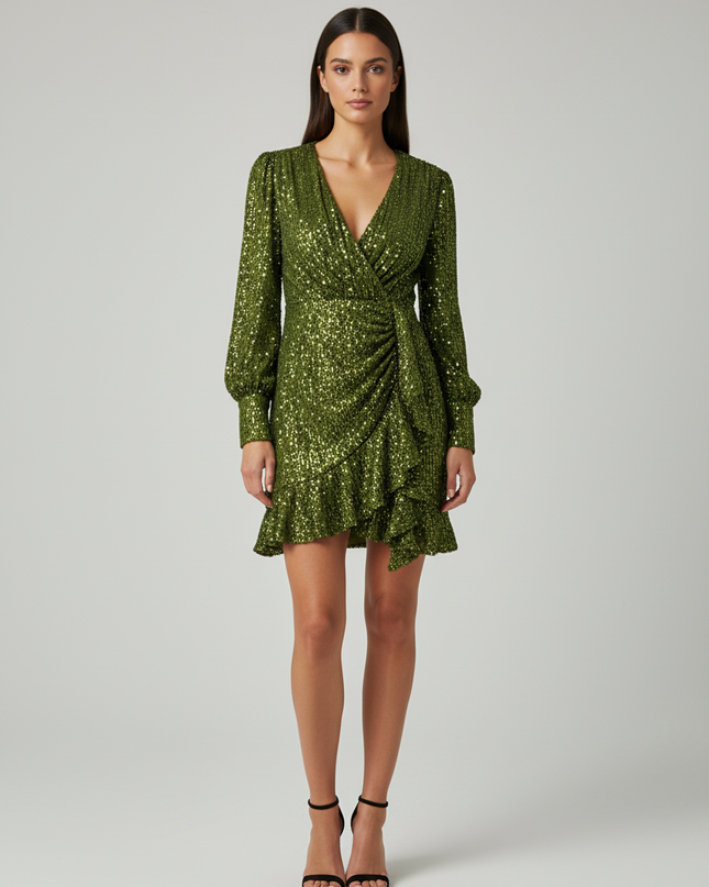 Little Mistress Green Sequin Ruffle Mini Wrap Dress