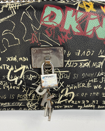 DKNY Limited Edition Black Graffiti Print with Padlock & Chain Crossbody Bag