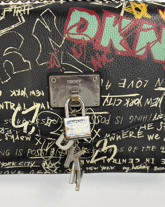 DKNY Limited Edition Black Graffiti Print with Padlock & Chain Crossbody Bag