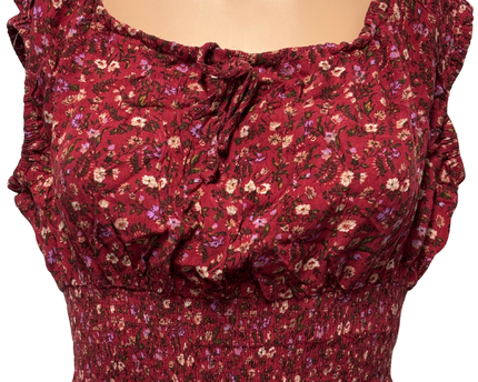 American Eagle Maroon Floral Smocked Ruffle Crop Top