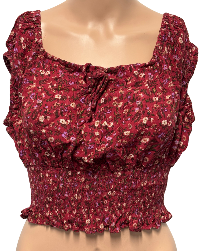 American Eagle Maroon Floral Smocked Ruffle Crop Top
