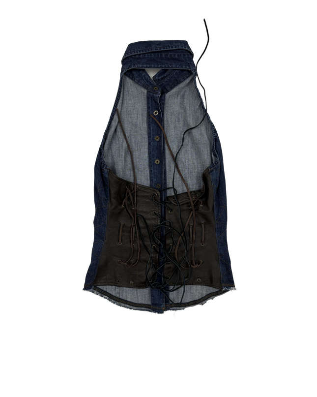 Parasuco Denim Halter Y2K Lace-Up Back Corset Top  - XS