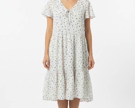 American Eagle White Floral Tiered V-Neck Mini Dress