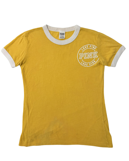 PINK by Victoria's Secret Logo Ringer Mustard Yellow Cotton T-Shirt