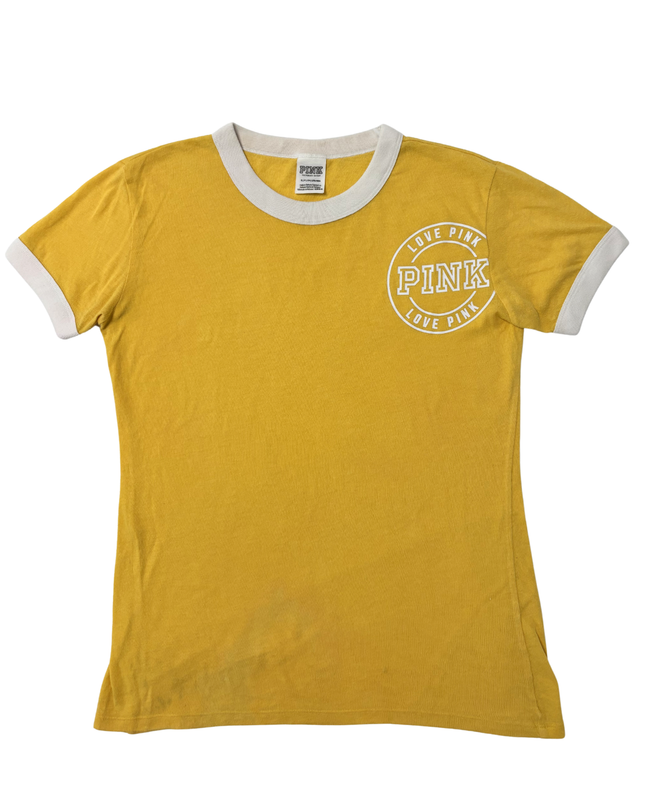 PINK by Victoria's Secret Logo Ringer Mustard Yellow Cotton T-Shirt