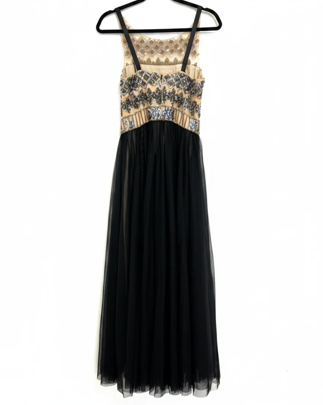 Mikael Aghal Black Beaded Tulle Evening Gown