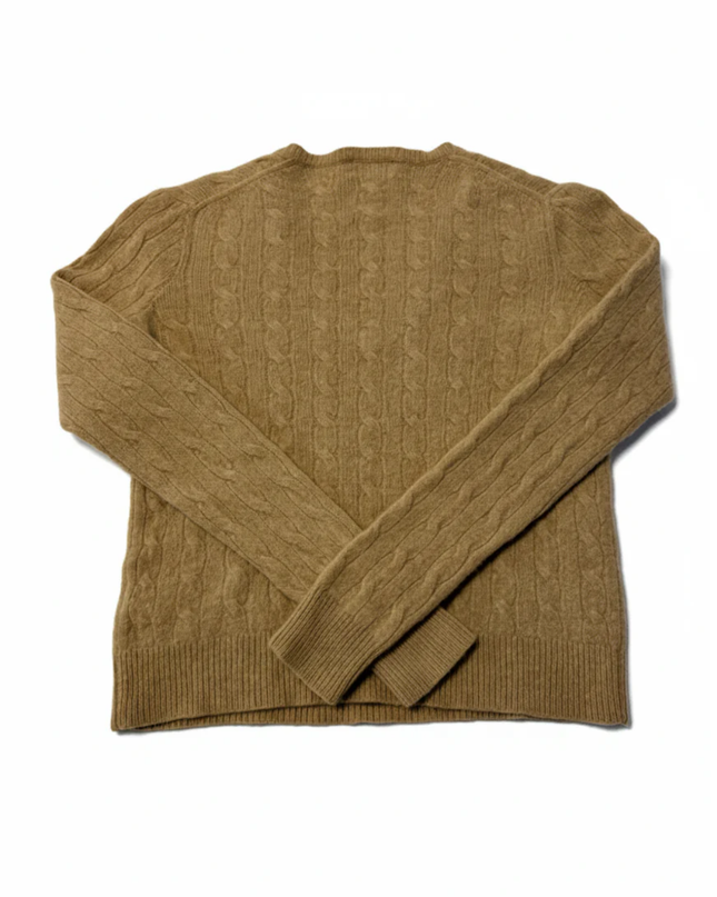 Polo Ralph Lauren Brown Cable Knit Wool-Cashmere V-Neck Sweater