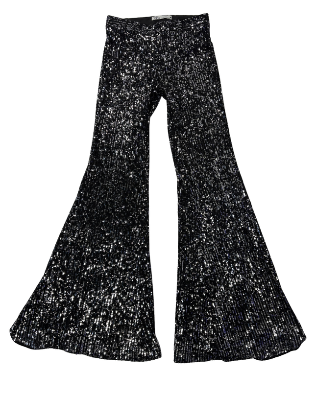 Zara Black Sequin Tailored Blazer and Flared Pants Suit Set