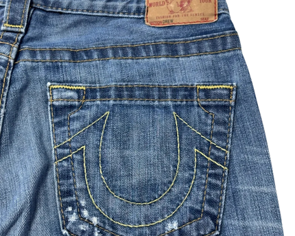 True Religion Blue Section Drew Low Rise Straight Leg Distressed Jeans