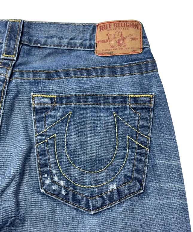 True Religion Blue Section Drew Low Rise Straight Leg Distressed Jeans
