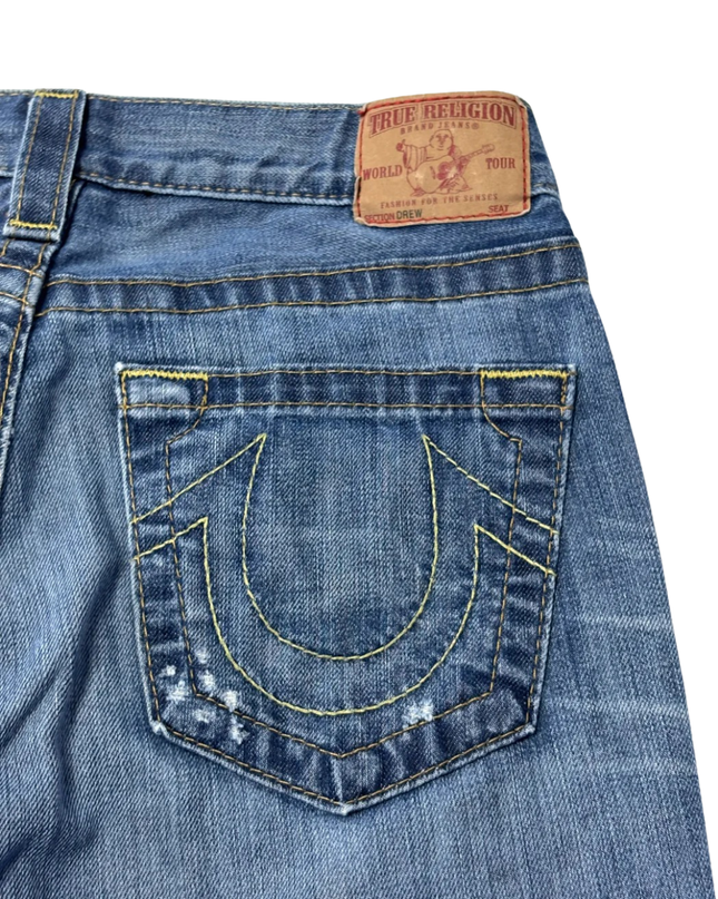 True Religion Blue Section Drew Low Rise Straight Leg Distressed Jeans