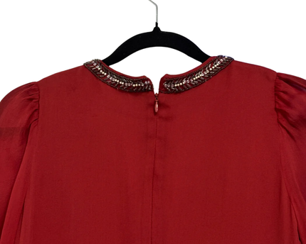 French Connection Red Silk Beaded V-Neck Mini Dress