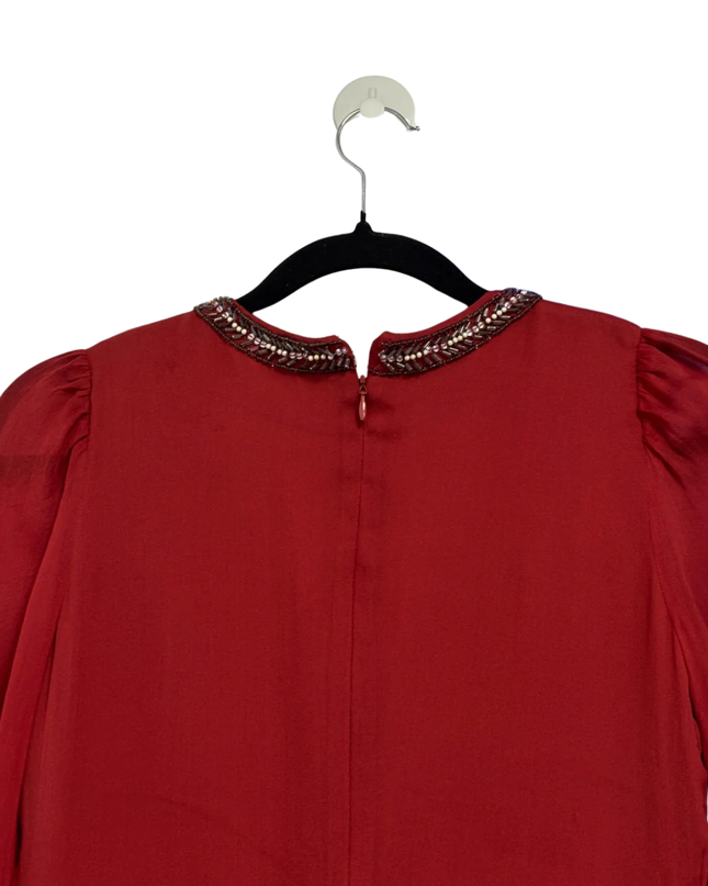 French Connection Red Silk Beaded V-Neck Mini Dress